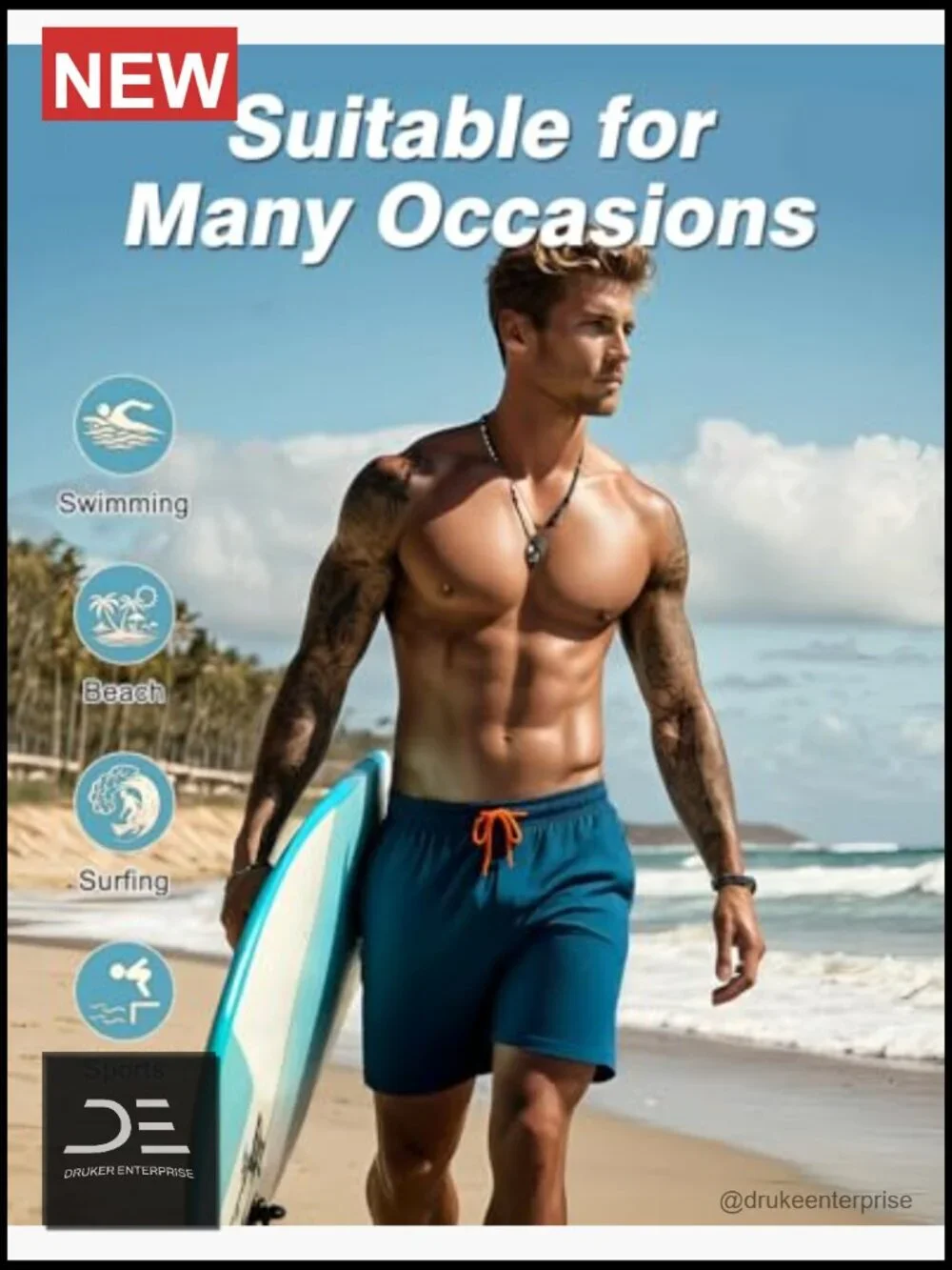 Mens Swim Trunks with Compression Liner Quick Dry Zipper Pockets